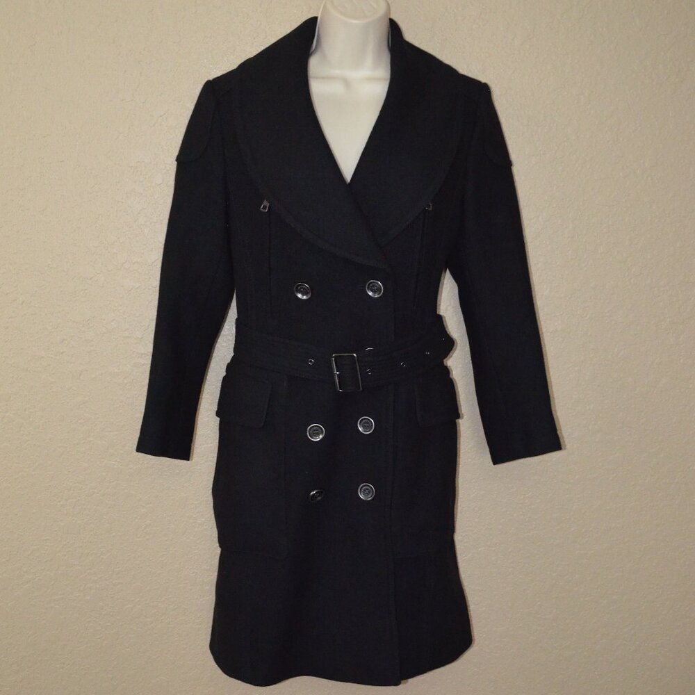 NWOT $1095 Sz S 4/6 Burberry Brit Black Wool Blend Belted Coat